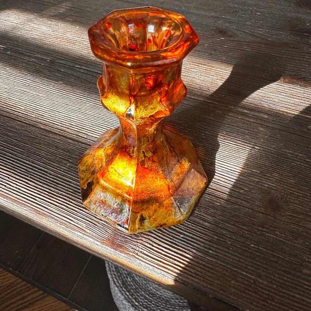 Hand crafted Amber hand painted Glass Candle Holder